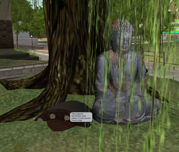 3d rendering of buddha statue in grass under tree