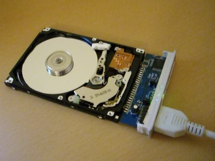 hard drive attached to a computer motherboard