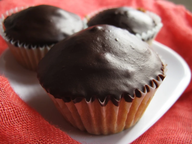 three chocolate frosted cupcakes on a small white plate