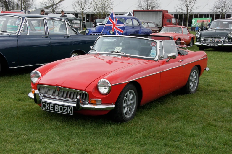 a red and black car on some grass