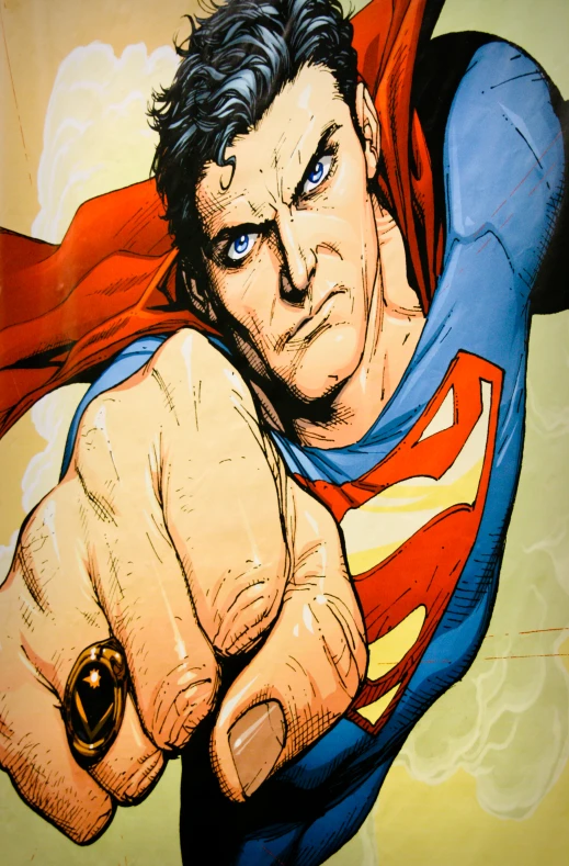 a cartoon depicts a man with blue eyes and a red cape