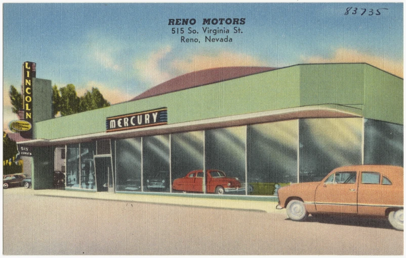 a vintage po of a store with cars parked outside