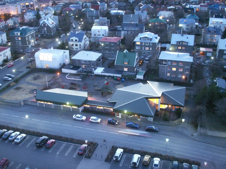 an aerial view of a town at night