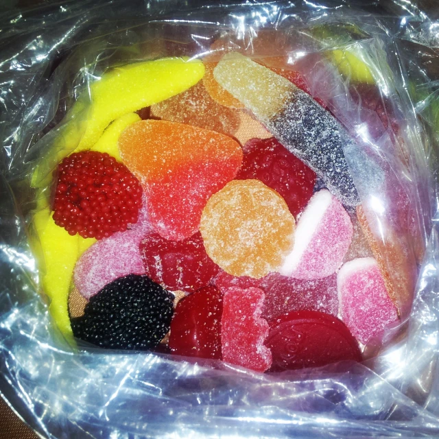 many types of gummy bears in clear plastic bag
