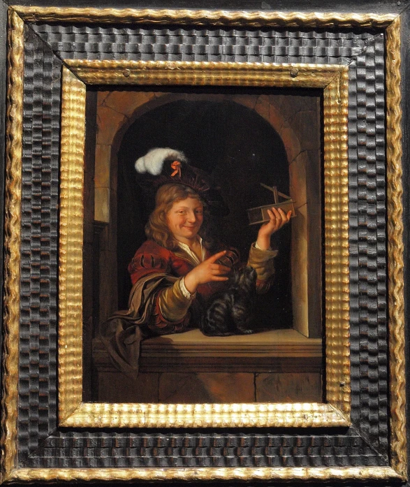 a painting of a man doing soing with items in his hand