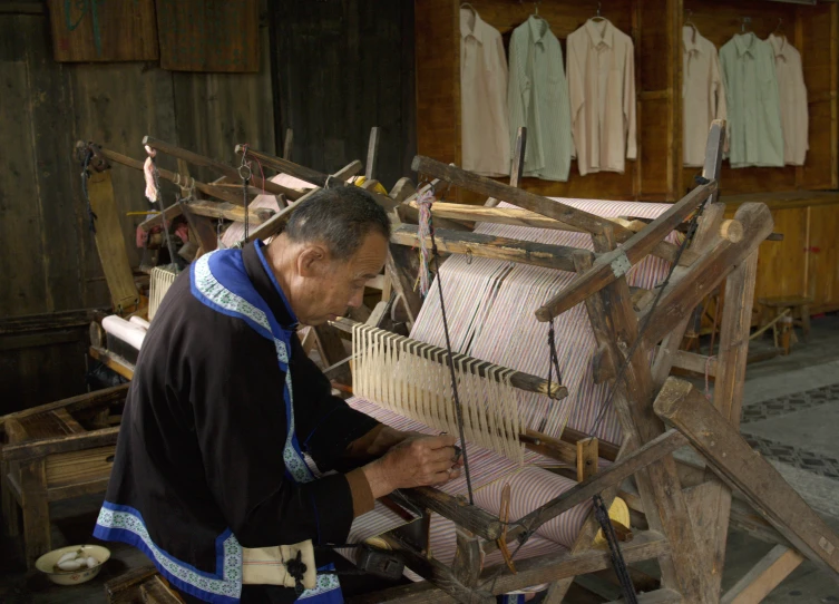 a man working on weaving in a weaving workshop