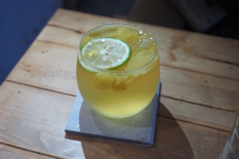 a close up of a beverage on a table