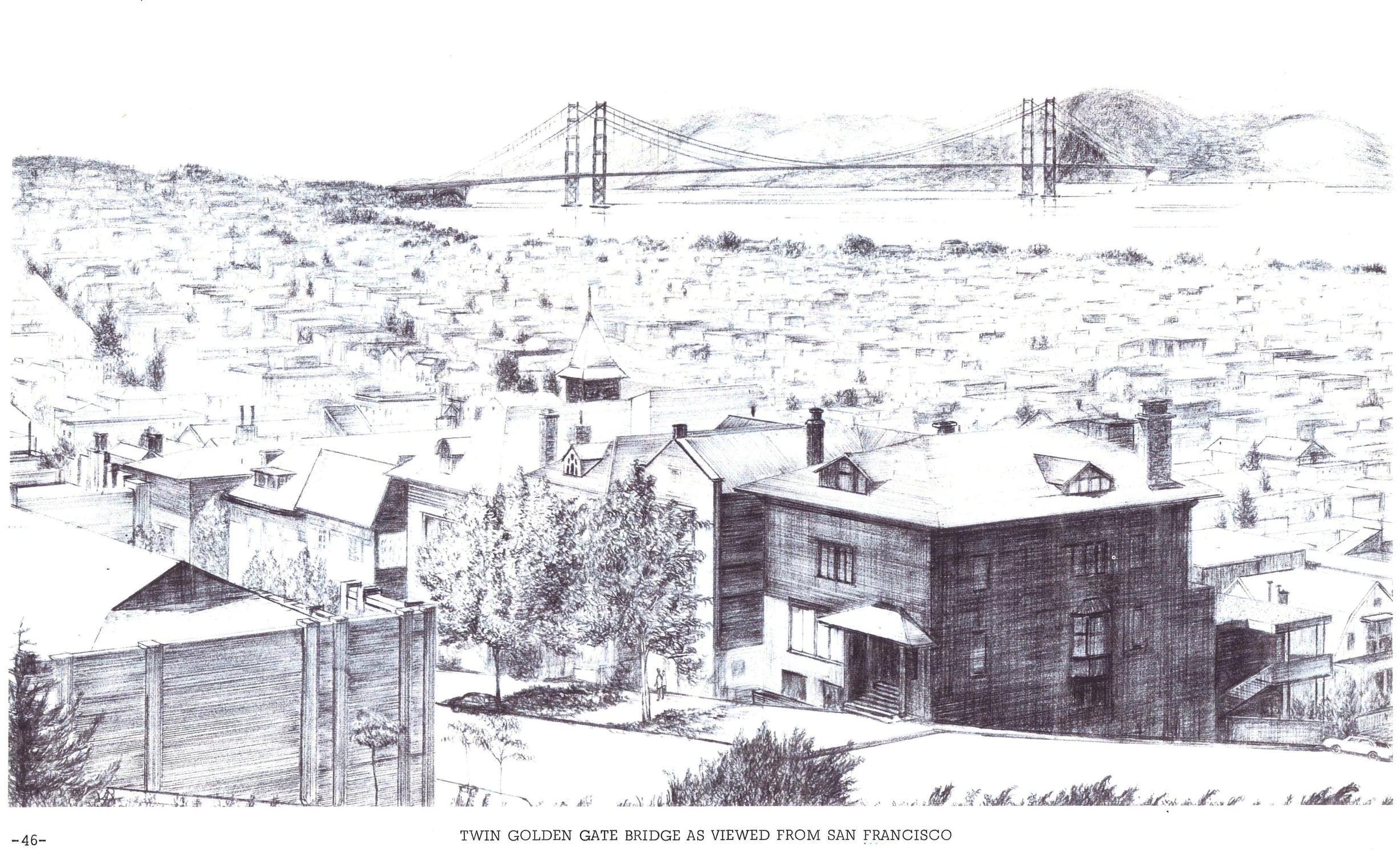 an ink drawing of a city with the golden gate bridge in the background