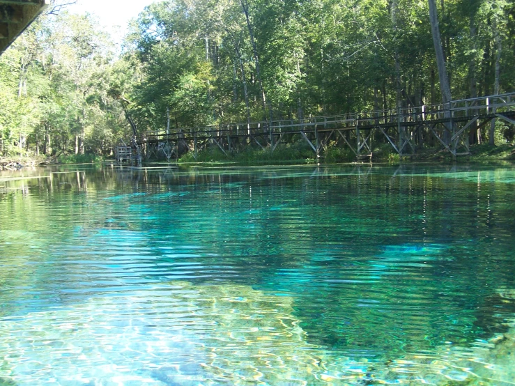 a lake is shown with blue waters and trees