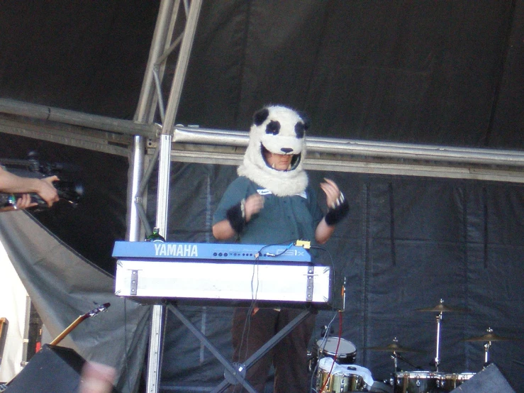 a person in animal mask standing on keyboard