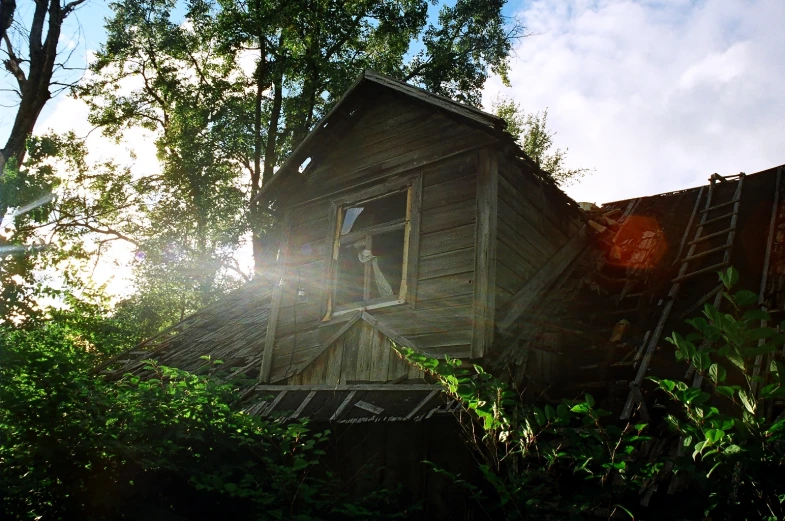 a wooden cabin is sitting in the woods