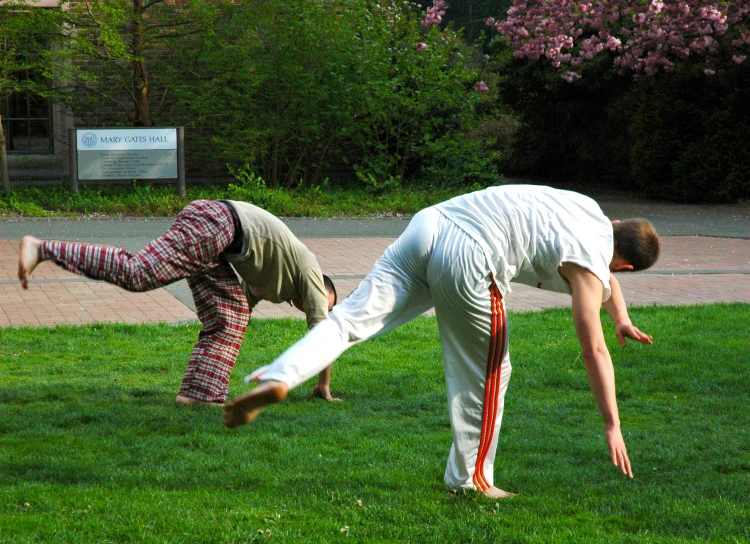 two people doing a hand stand in a field