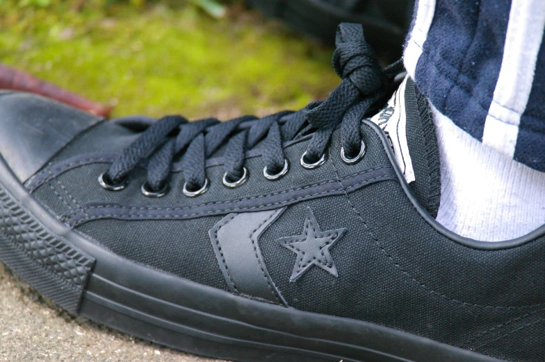 there is a close up image of a man wearing black sneakers