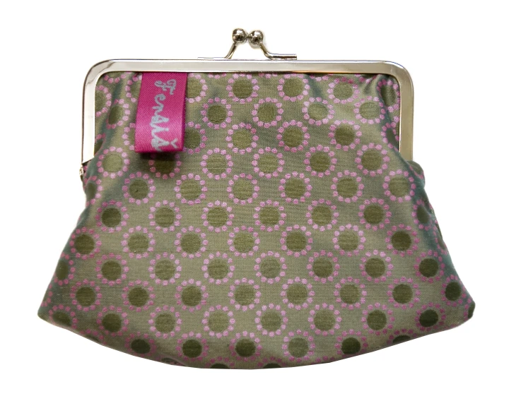 a clutch bag with a pink ribbon and polka dot design