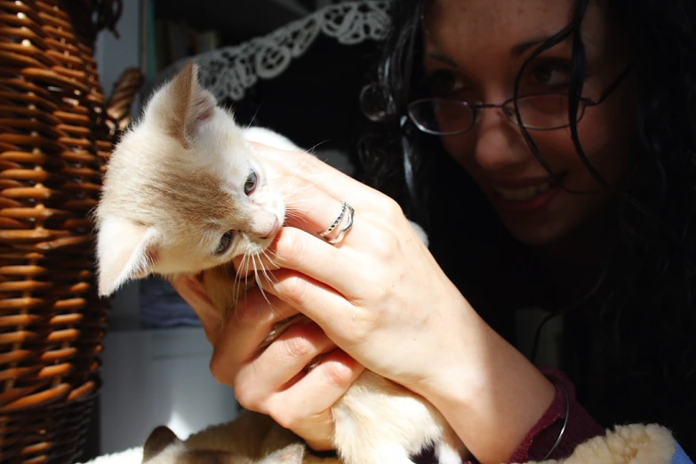 a woman pets a kitten in her lap