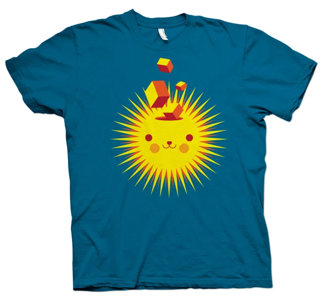 a blue tee - shirt with an image of a cat's head and sun