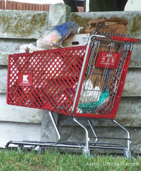 two shopping carts with bags in them by some stairs