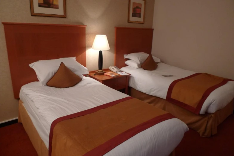 two beds with head boards are next to each other