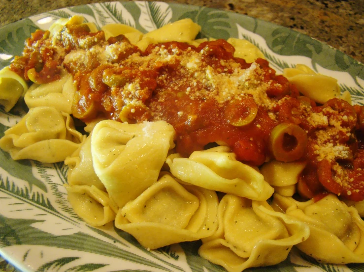 some pasta on a plate with sauce and parmesan