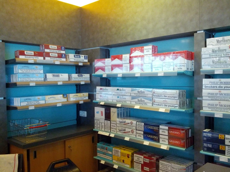 this is some shelves holding various cigarette or tobacco