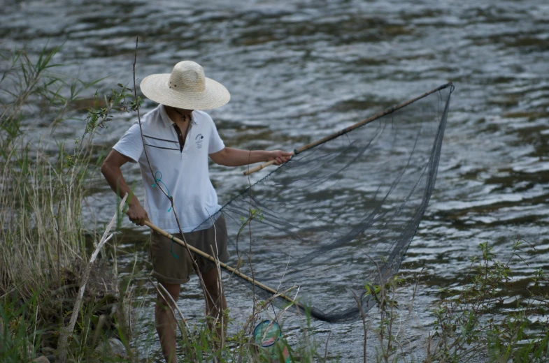 a man in hat and shirt holding a large net