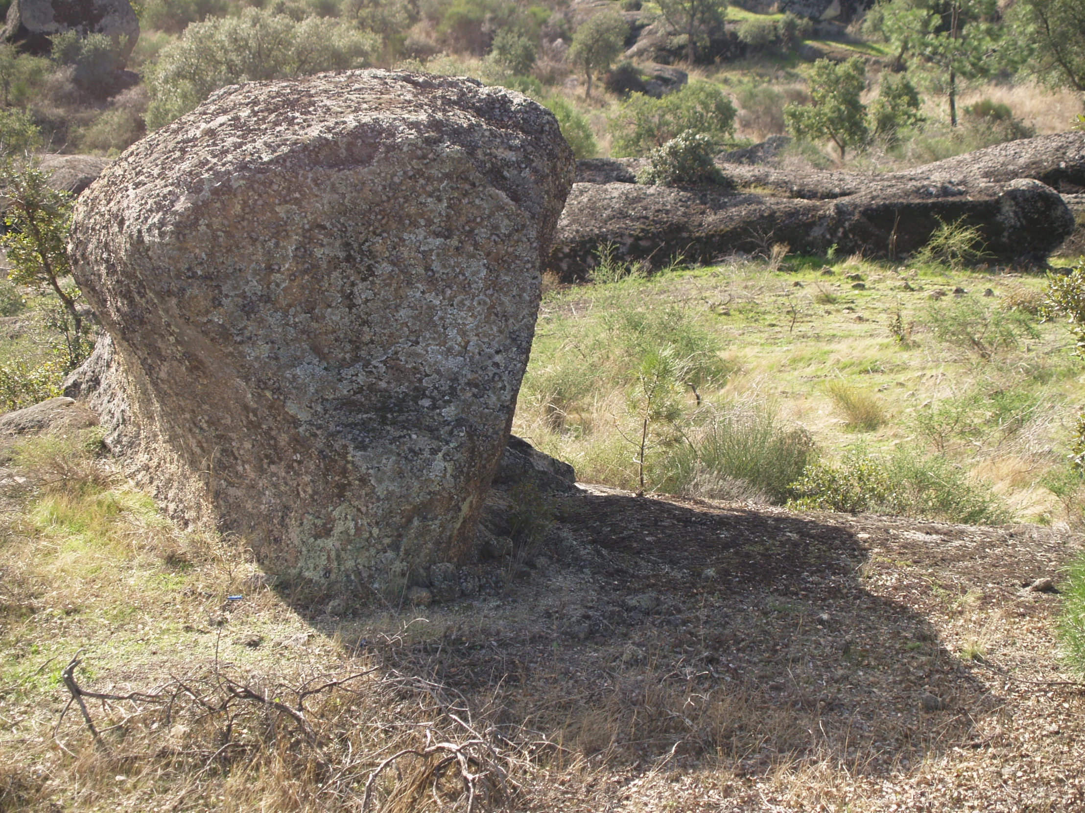 a large rock in the middle of a grassy field