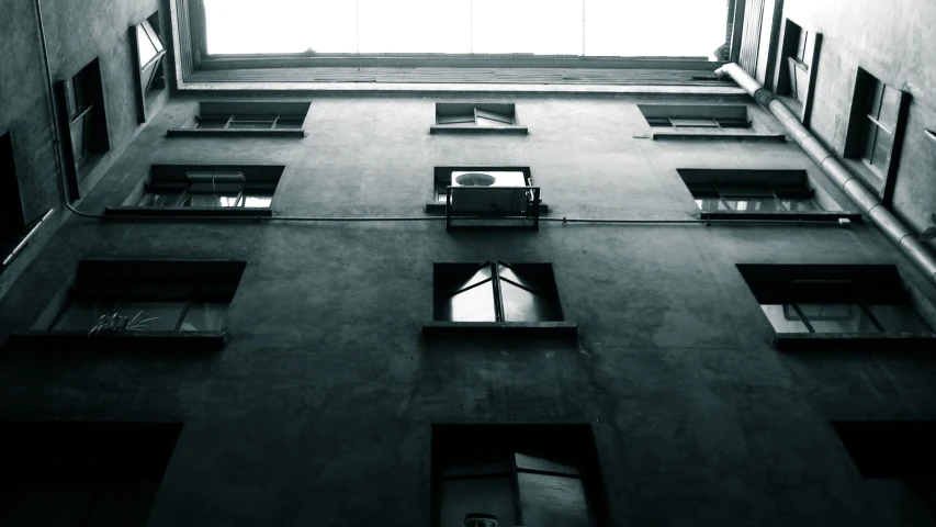 a black and white po of windows on a tall building