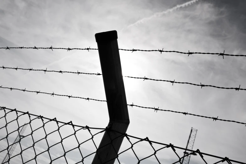 a view through the razor razor wire of a fence