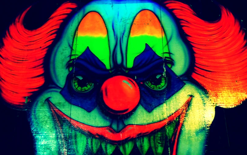 a clowns multi - colored mask has been used as a backdrop