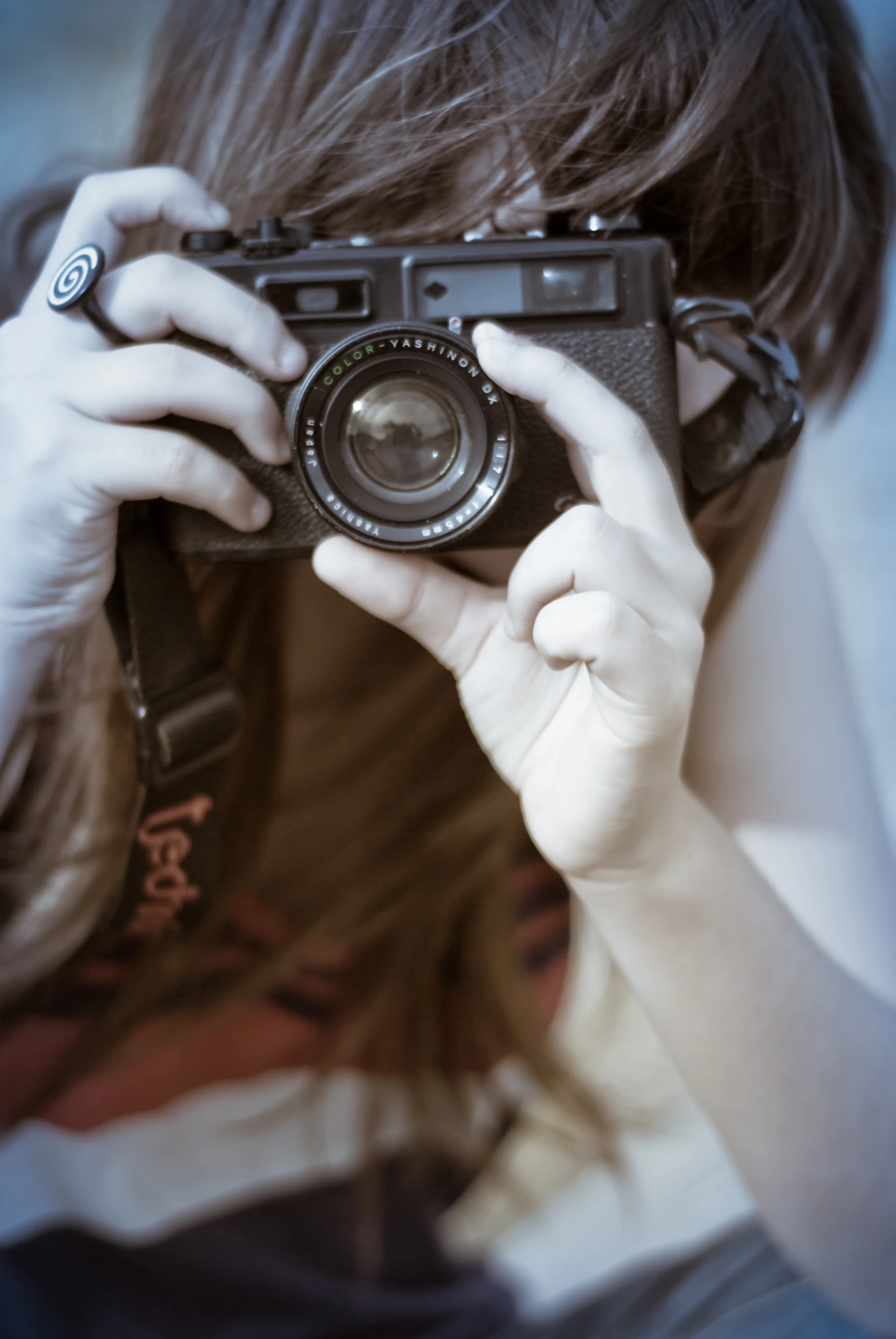 a person is holding a camera in their hands