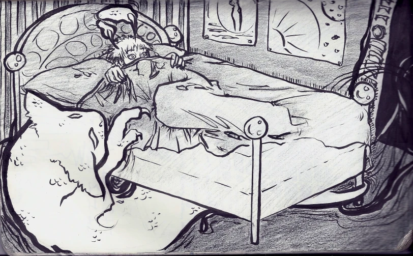 drawing of a bedroom scene with a woman in bed