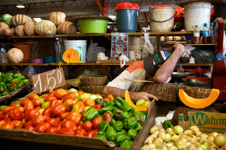 a man looking over some fruits and vegetables