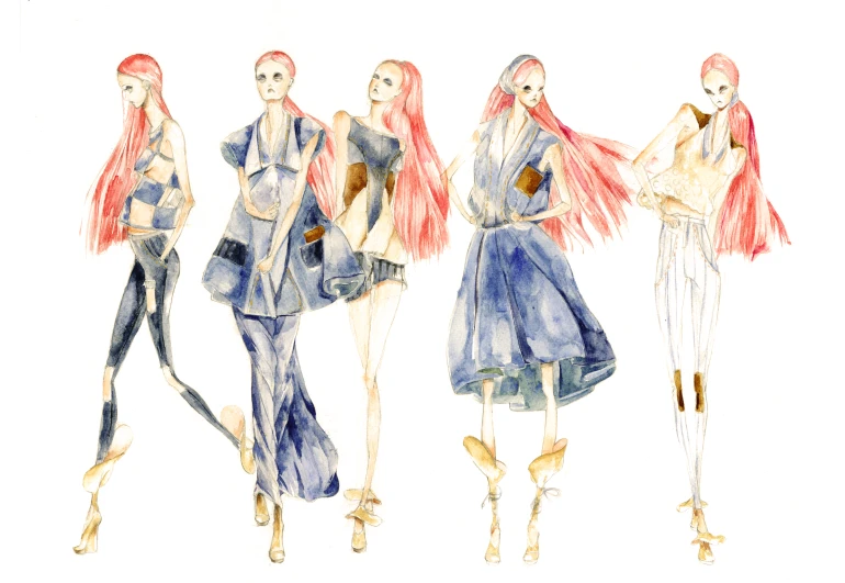 the model sketch has five different types of dresses and one is in different positions