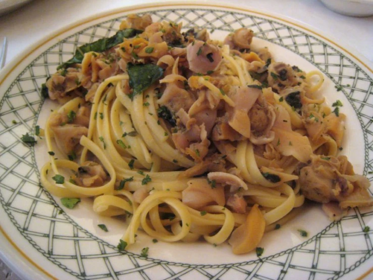 a plate of pasta with meat on a table