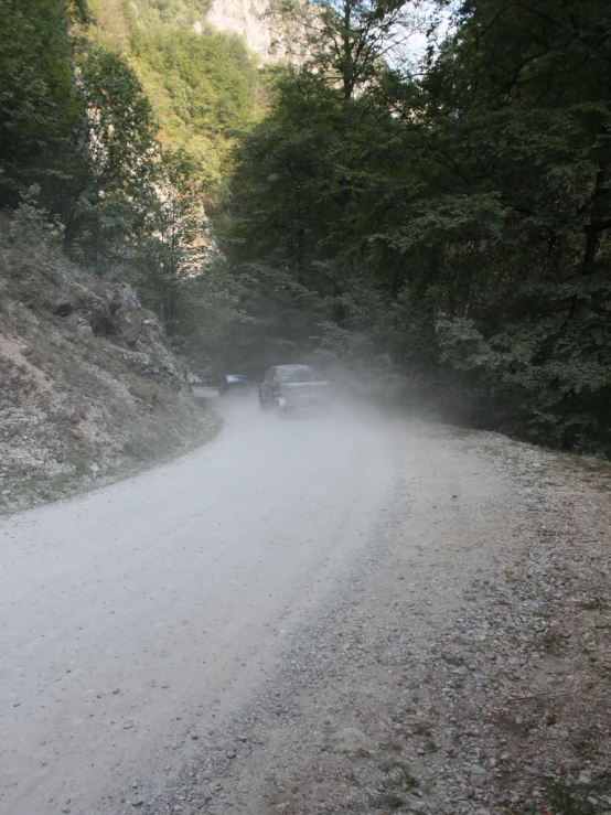 vehicles travelling along a trail in a wooded area