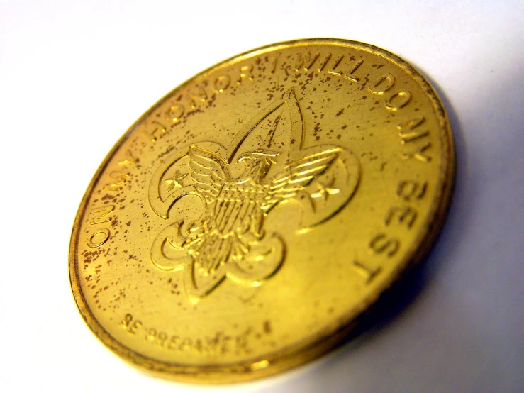 a golden coin on the table with a bee stamp