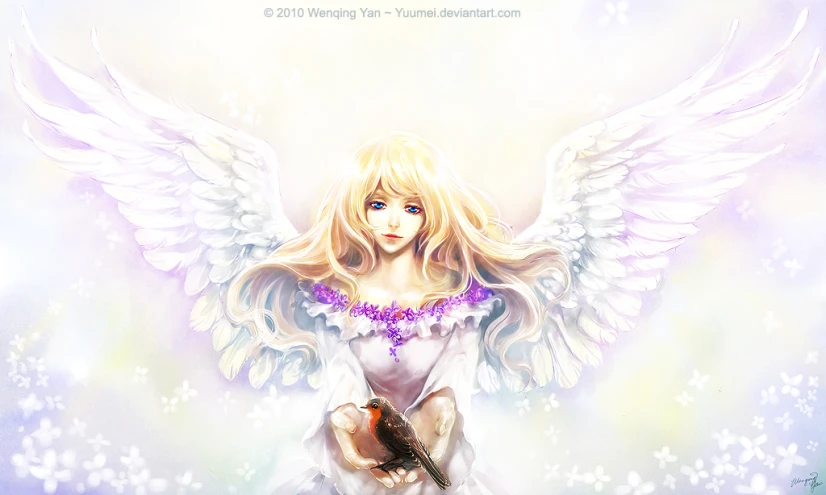 a young blonde female angel standing with large white wings