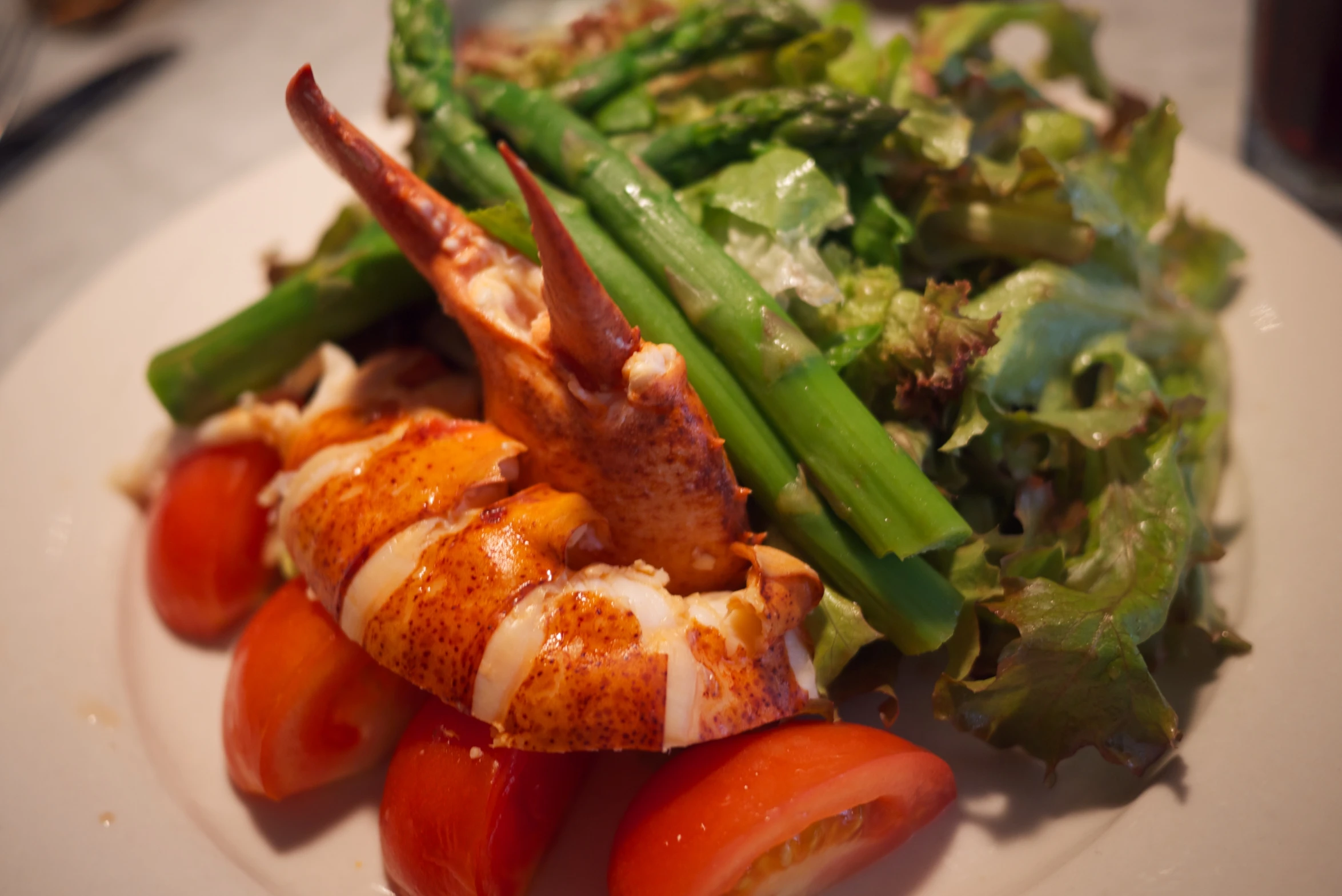 lobster, carrots and vegetables with dressing on a white plate