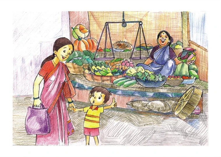 a drawing of some women shopping in front of vegetables