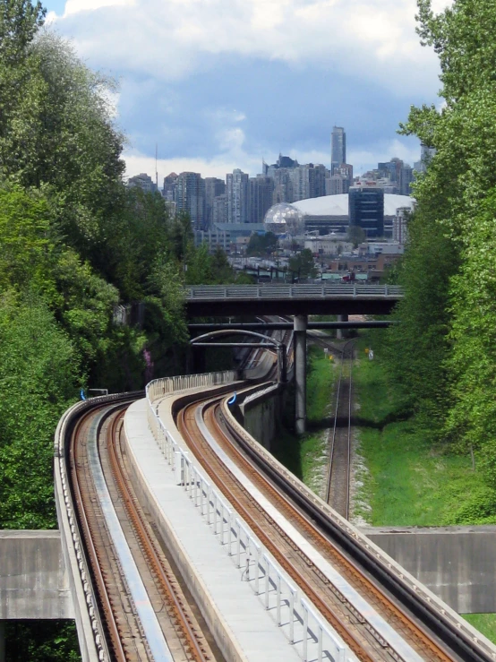 a rail line with a large city in the background