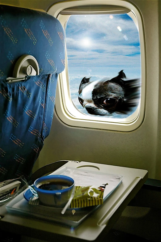 an airplane seat with a view of a window, and the dog is laying on its side