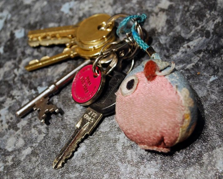 a pink stuffed bird with a pink tag and a set of keys