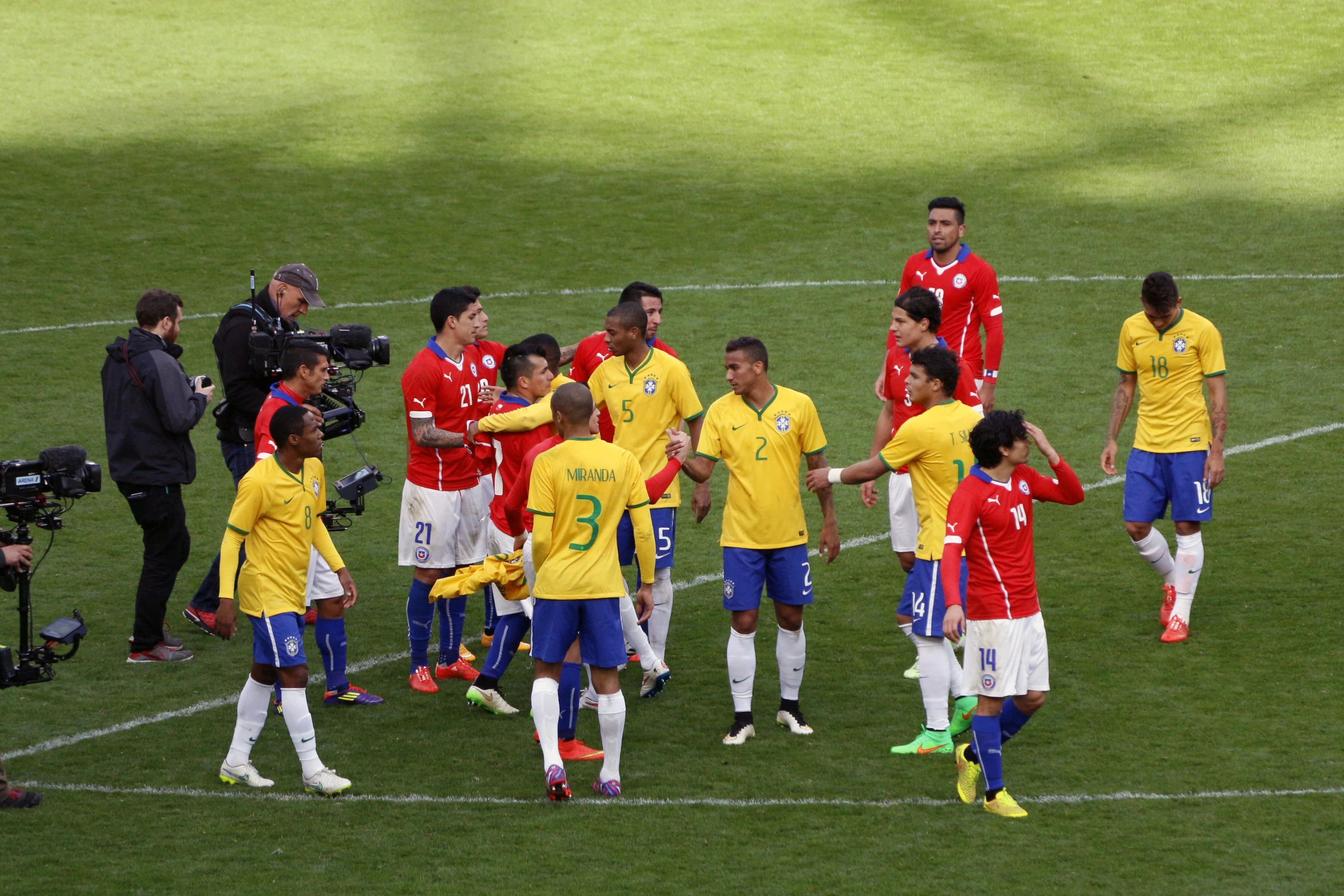 a group of people on a field shaking hands