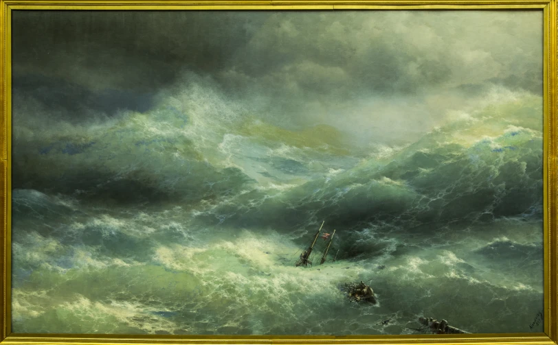 a painting with a boat in the storm on it