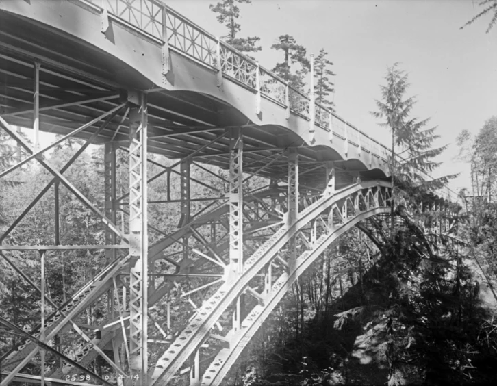 a black and white po of the bottom of a bridge