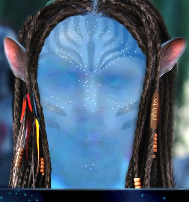 a man with long hair and blue face and a star