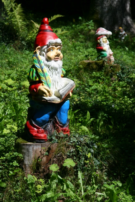 two gnomes who are sitting in the woods