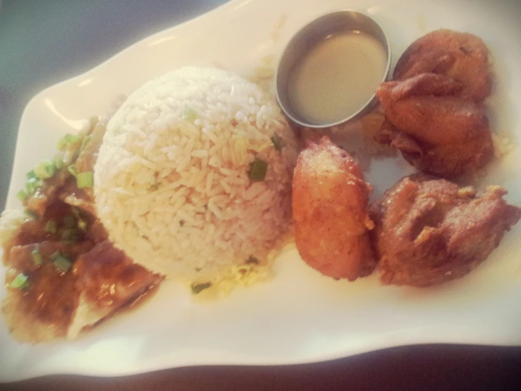 a white plate topped with rice and chicken wings