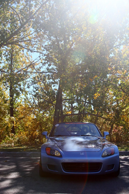 a sports car parked on the side of a tree lined road