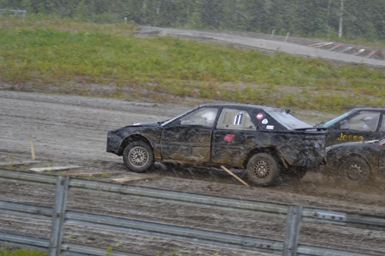 two cars on the track during a race